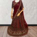 Maroon Lehenga with gold embroidery on a mannequin against a white wall. traditional desi, Indian, Pakistani, Bangladeshi, Sri lankan bridal ware for wedding. 
