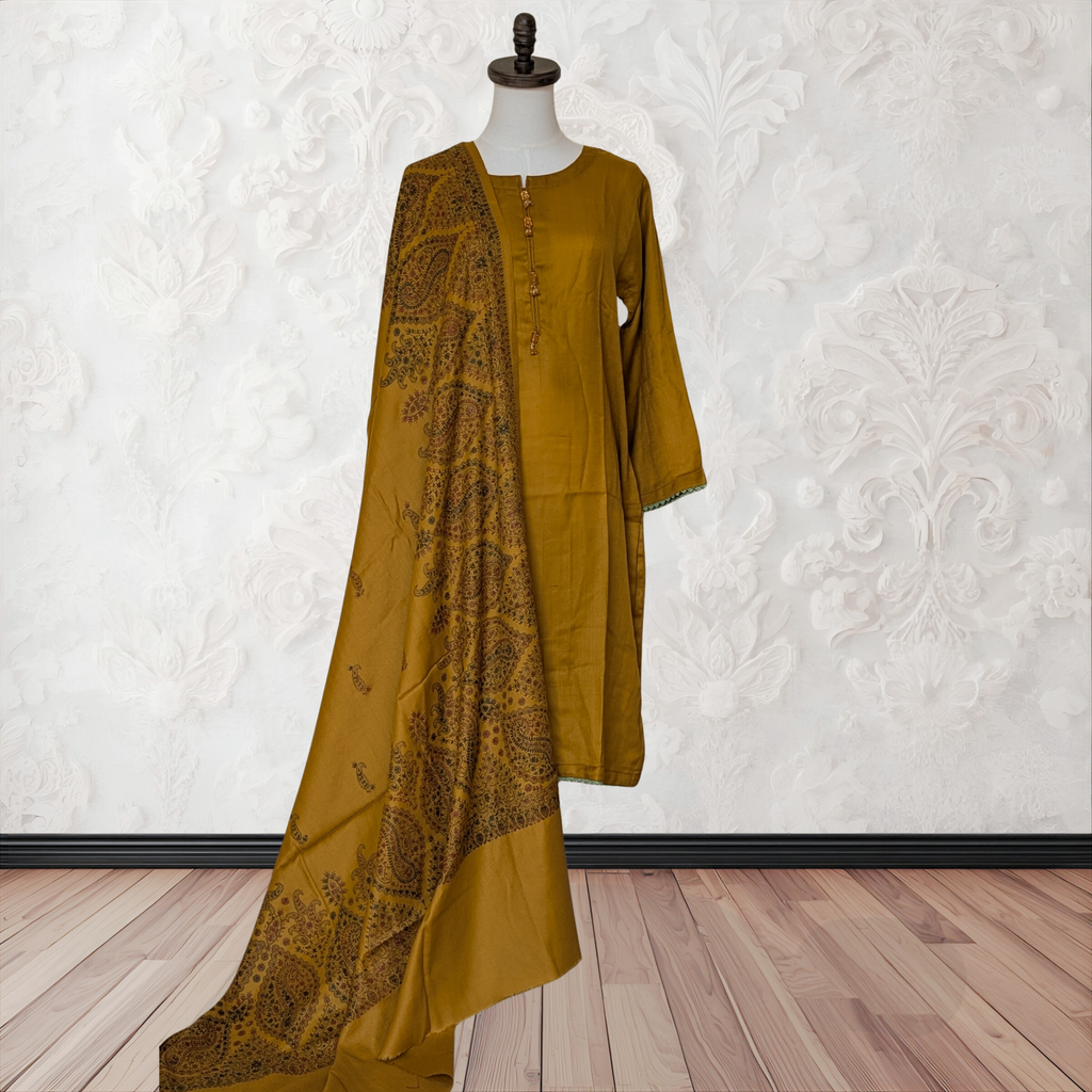 Winter Kurta Set with Embroidered Kashmiri-Style Shawl