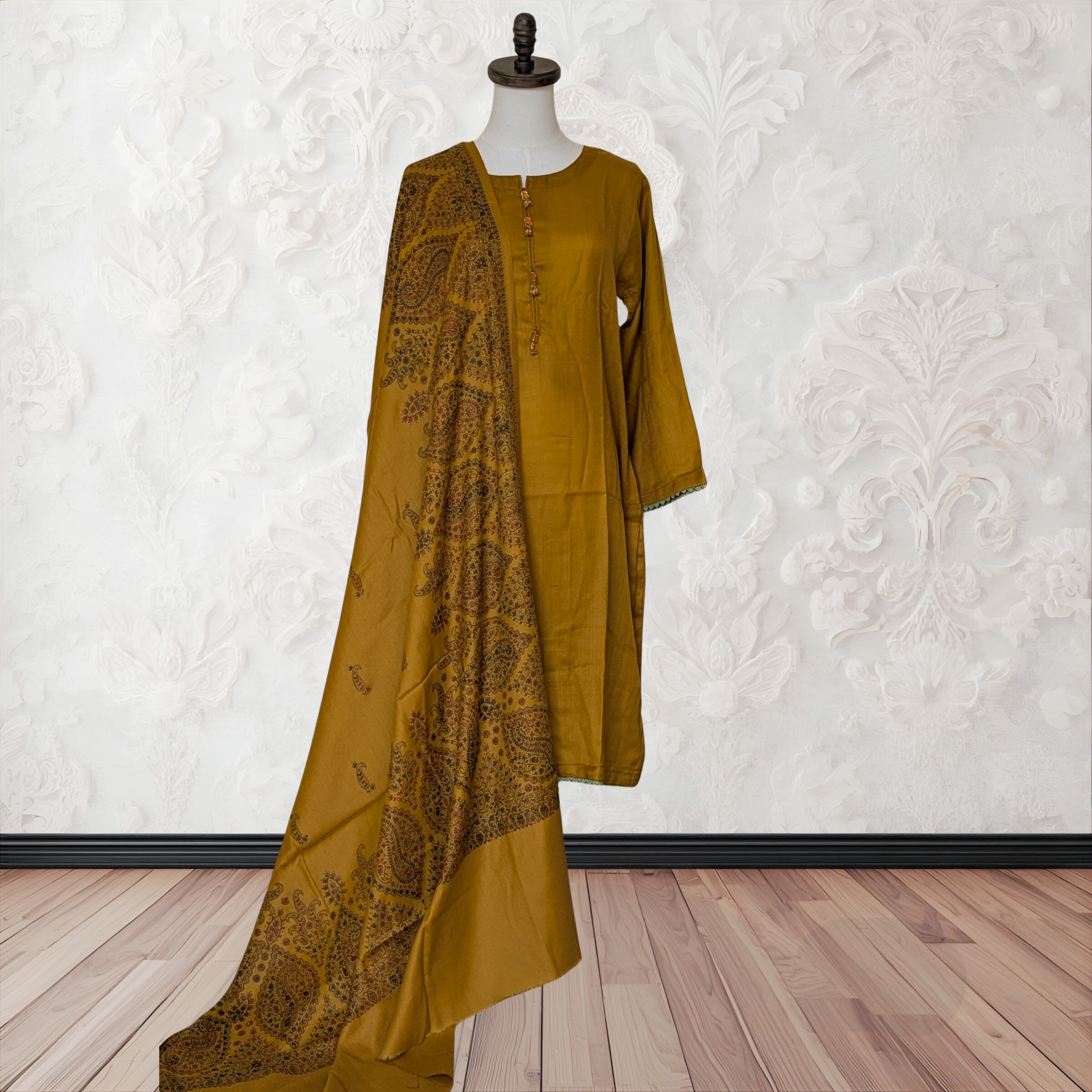 Winter Kurta Set with Embroidered Kashmiri-Style Shawl