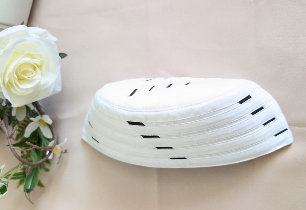Topi Kufi in white with blue designs