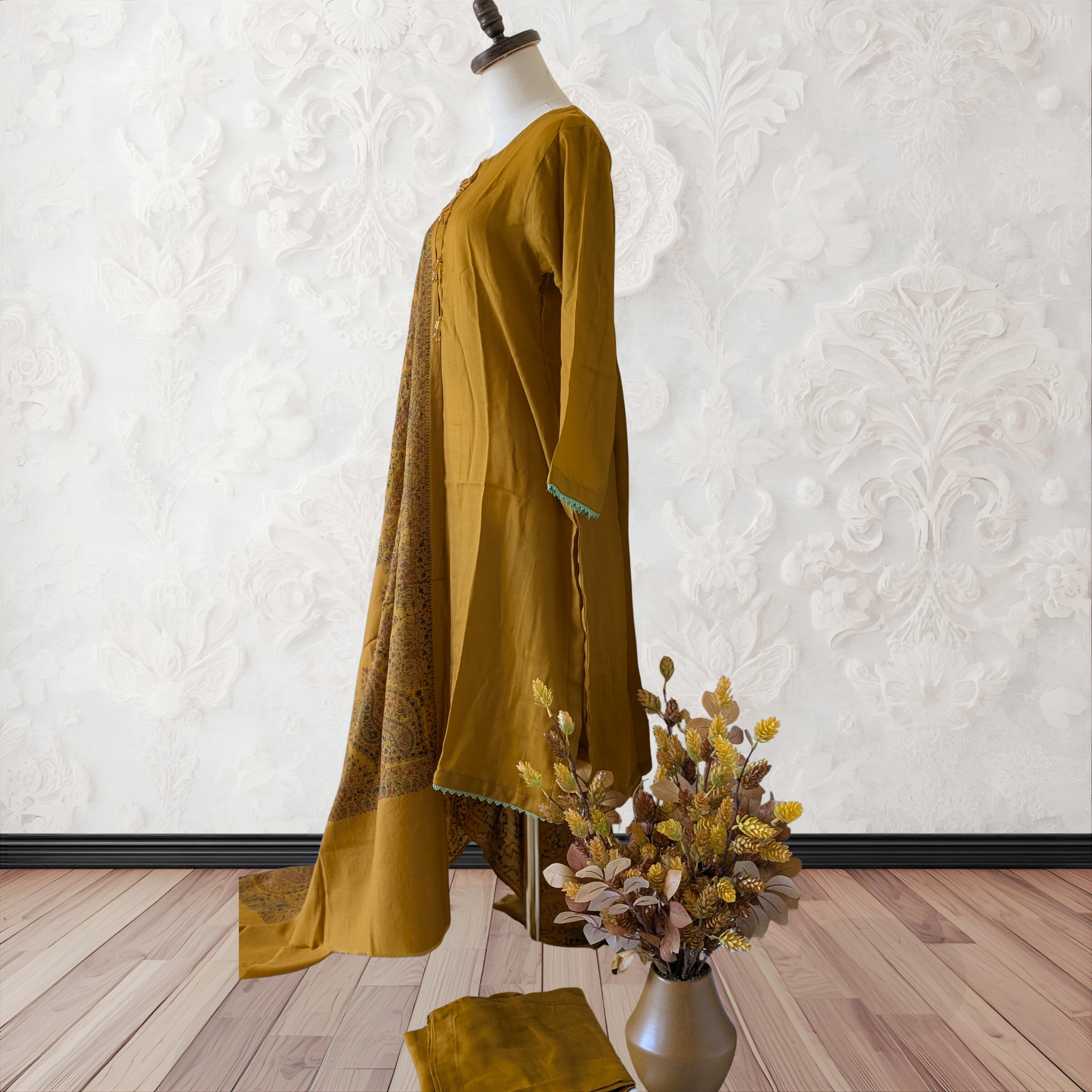 Winter Kurta Set with Embroidered Kashmiri-Style Shawl