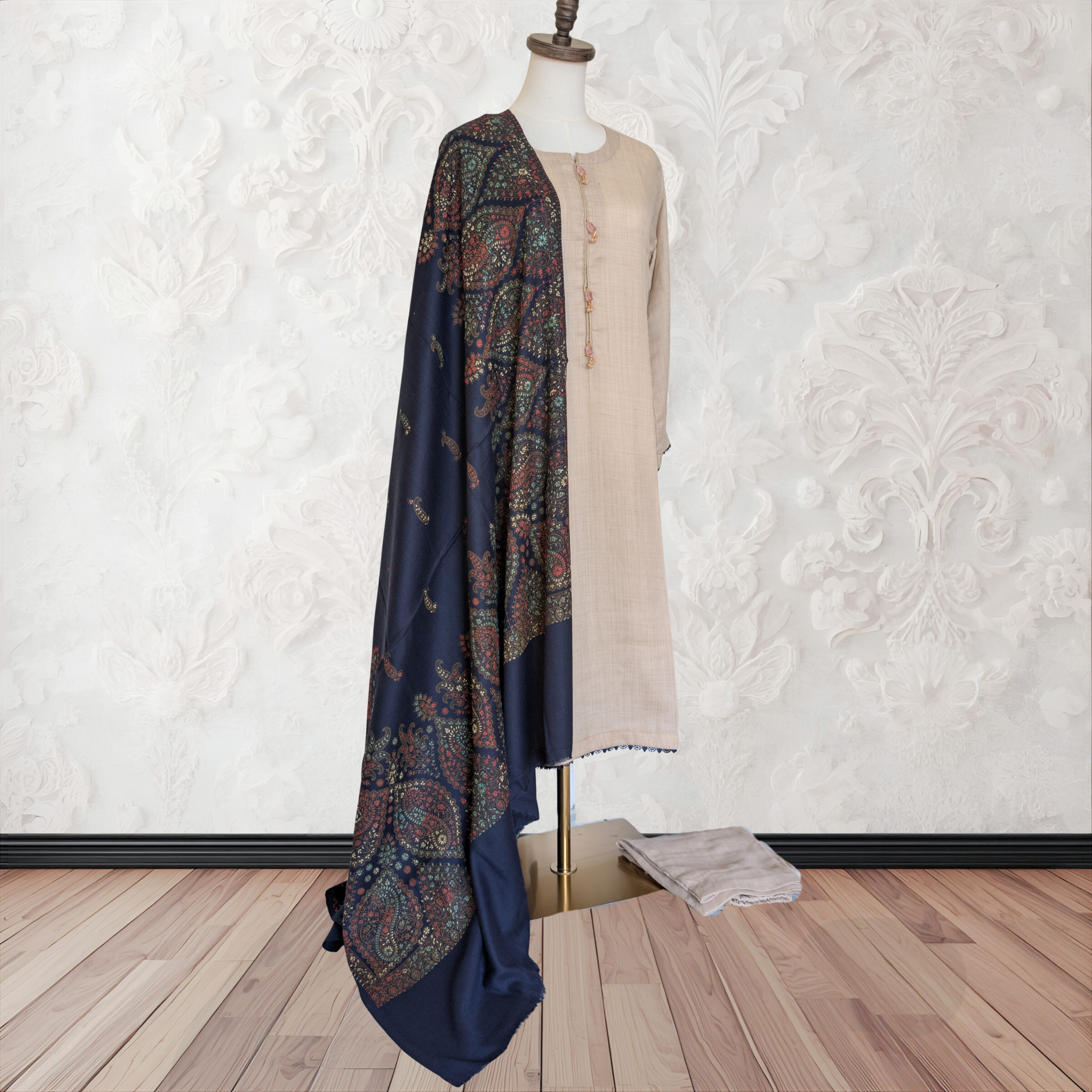 Winter Kurta Set with Embroidered Kashmiri-Style Shawl