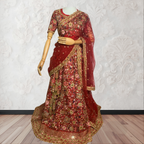 This exquisite red lehenga choli crafted from luxurious raw silk showcases intricate resham, zardosi, beads, sequins, and cut dana floral embroidery. The heavily embellished hemline and delicate cream butti accents enhance its sophisticated charm. Complete with a matching embroidered net dupatta featuring floral buttis and an elegant border, and a stitched blouse piece adorned with coordinating floral motifs, for wedding and bridal, pakistani, bangladeshi, indian, sri lankan.