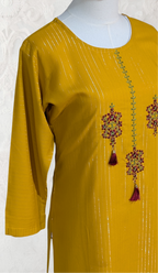 Yellow kurta with floral embroidery on a white background