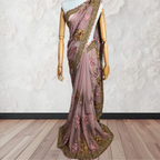 Saree with floral embroidery on a mannequin against a white wall.
