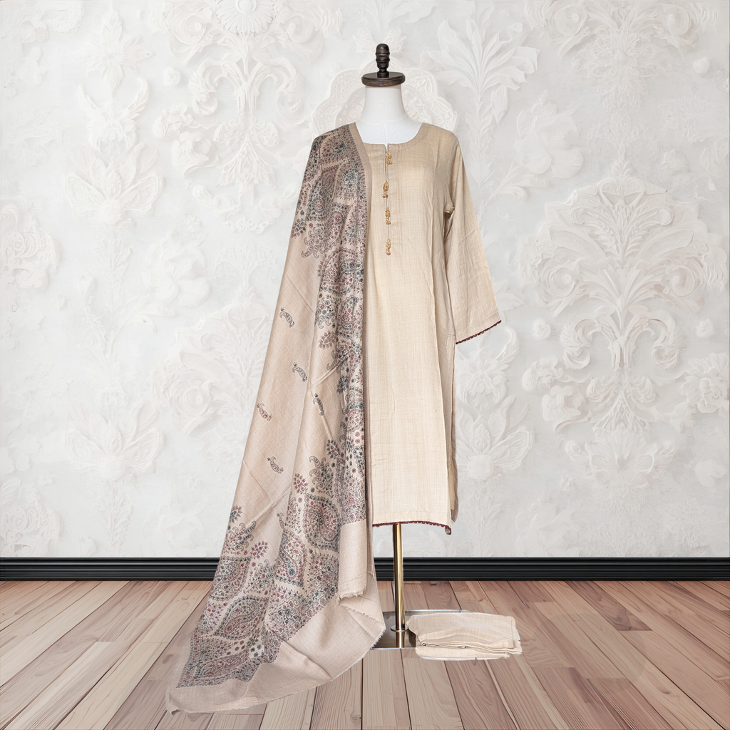 Winter Kurta Set with Embroidered Kashmiri-Style Shawl