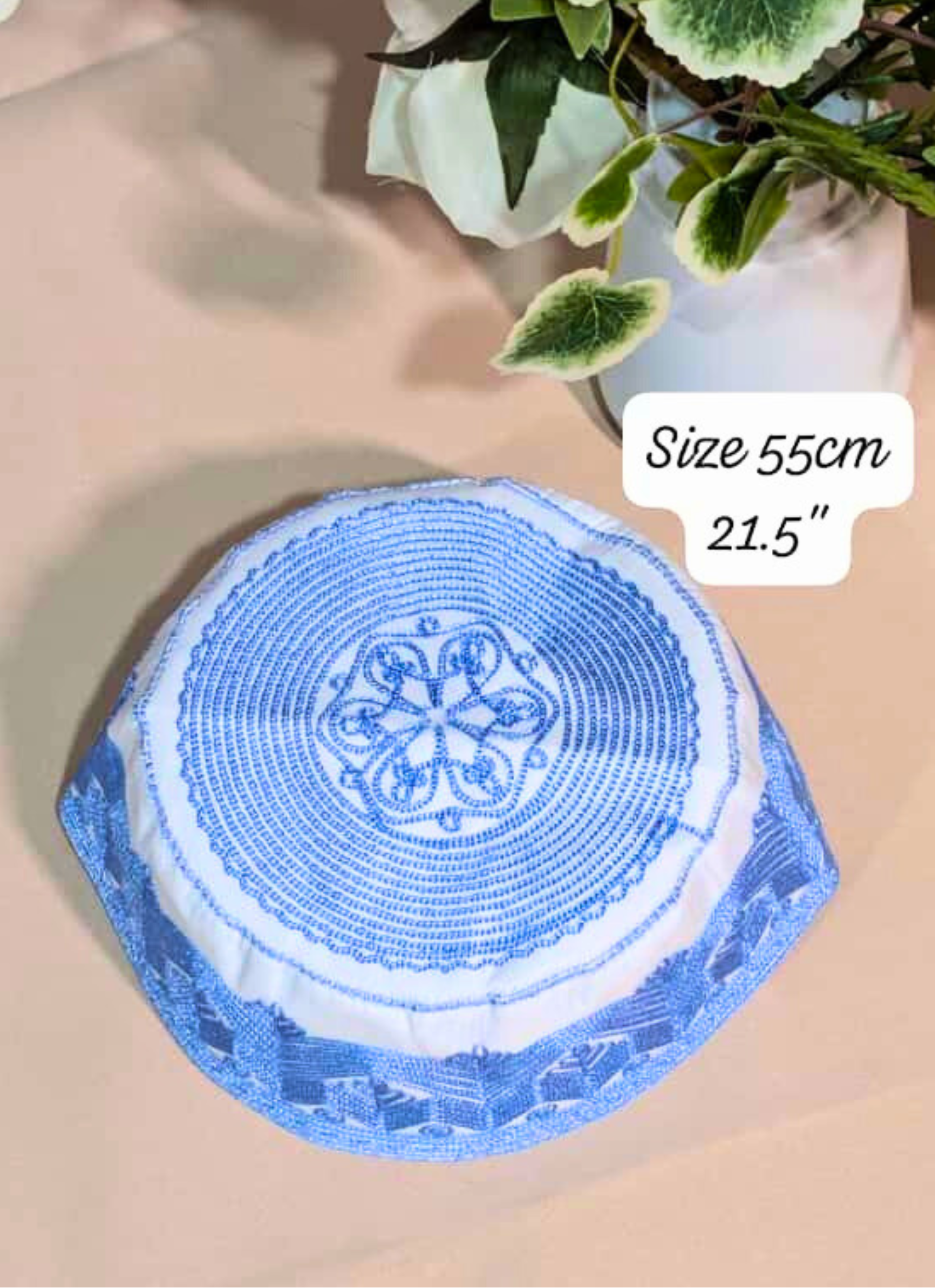 Blue and white decorative item on a beige surface with green leaves in the background