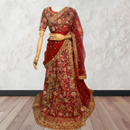 This exquisite red lehenga choli crafted from luxurious raw silk showcases intricate resham, zardosi, beads, sequins, and cut dana floral embroidery. The heavily embellished hemline and delicate cream butti accents enhance its sophisticated charm. Complete with a matching embroidered net dupatta featuring floral buttis and an elegant border, and a stitched blouse piece adorned with coordinating floral motifs, for wedding and bridal, pakistani, bangladeshi, indian, sri lankan.