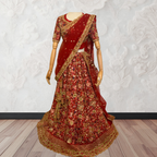 This exquisite red lehenga choli crafted from luxurious raw silk showcases intricate resham, zardosi, beads, sequins, and cut dana floral embroidery. The heavily embellished hemline and delicate cream butti accents enhance its sophisticated charm. Complete with a matching embroidered net dupatta featuring floral buttis and an elegant border, and a stitched blouse piece adorned with coordinating floral motifs, for wedding and bridal, pakistani, bangladeshi, indian, sri lankan.